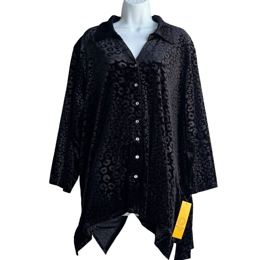 RUBY RD Velvet Button-Up Shirt Plus Size 3X Embossed Leopard 3/4 Sleeve Blouse